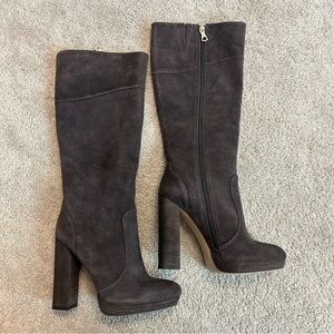 BCBGmaxazria Charlize dark chocolate brown suede knee high boots chunky heel 9